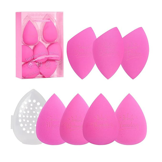 Real Perfection Makeup Sponge Set Blender Sponges, Latex-Free Beauty Makeup Sponges 7 pcs with 1 Travel Container Case for Blending Foundation Liquid Cream and Powder (Pink)