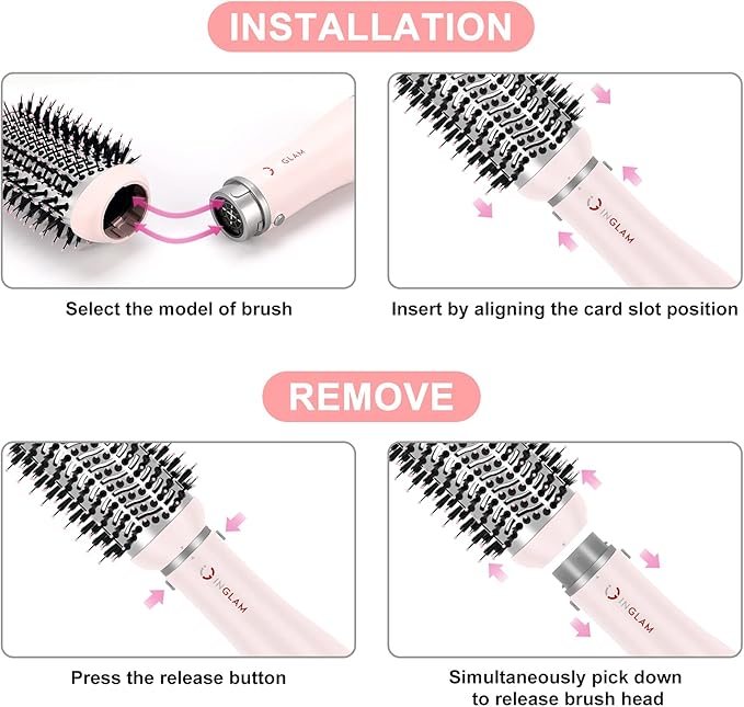 IG INGLAM 4 in 1 Blowout Hair Dryer Brush Set - Negative Ion Detachable Hair Dryer, Volumizer Styler with 2 Brush Heads, Pink