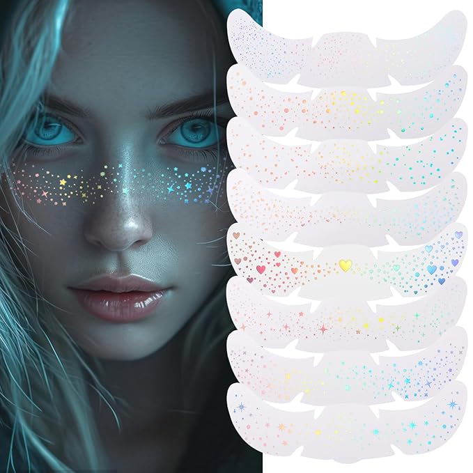 8PCS Glitter Freckles, Glitter Freckles Face Tattoo, Sparkle Freckles for Women and Kids, Cute Star Waterproof Gold Temporary Face Tattoos Glitter Glow Up Patches (8PCSA Holographic Multicolor)