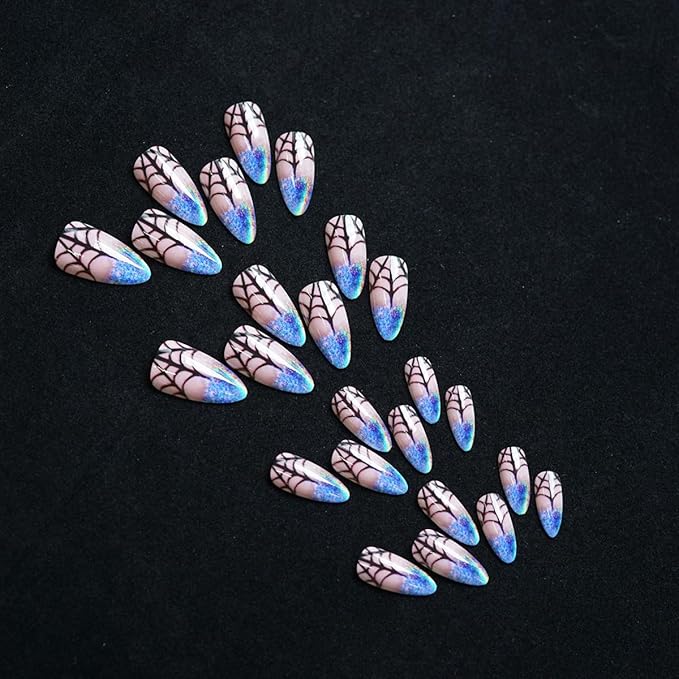 24Pcs Black Spider Web Press on Nails Medium Almond Halloween Fake Nails Laser Tip Glitter Design Full Cover Glue on Nail Goth False Nails Stick on Nails Holiday Nail Art Supplies for Women Manicure