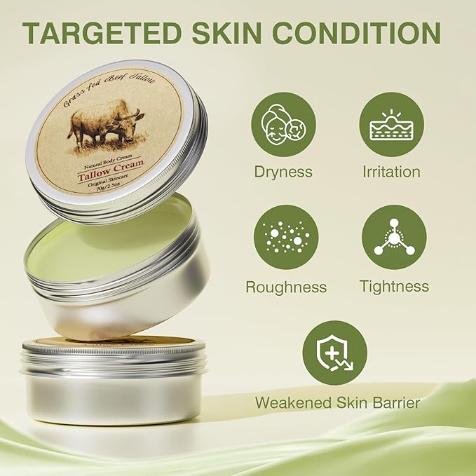 Beef Tallow, Beef Tallow for Skin, Beef Tallow Moisturizer, Beef Tallow Balm for Face Moisturizer Grass Fed for All Purpose Balm, Natural Beef Tallow Lotion for Skin Care (2.5oz)