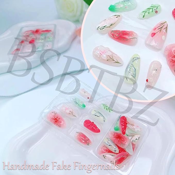 30Pcs Floral Press On Nails Short Almond Nails with Colorful Flower Butterfly Designs Hand-Painted Leaves Stick On Nails Multi-color French Tip Press Ons Handmade Elegant Set for Spring & Summer