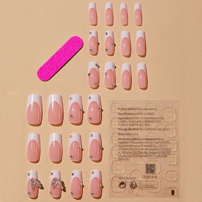24Pcs Long Press on Coffin Shaped False Nails - Square French Tip Design with Butterfly Charms, Rhinestones - Acrylic Glue Nails for Women