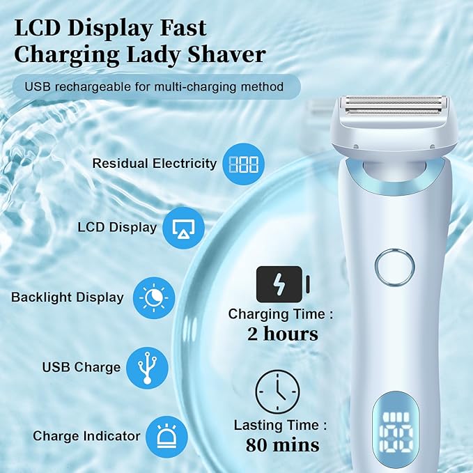 Electric Shaver Razors for Women 2-IN-1 Electric Razor for Womens Legs Underarm Face Pubic Hairs,Wet Dry Use Rechargeable Bikini Trimmer Hair Removal with Detachable Head,Painless IPX7 Waterproof Blue