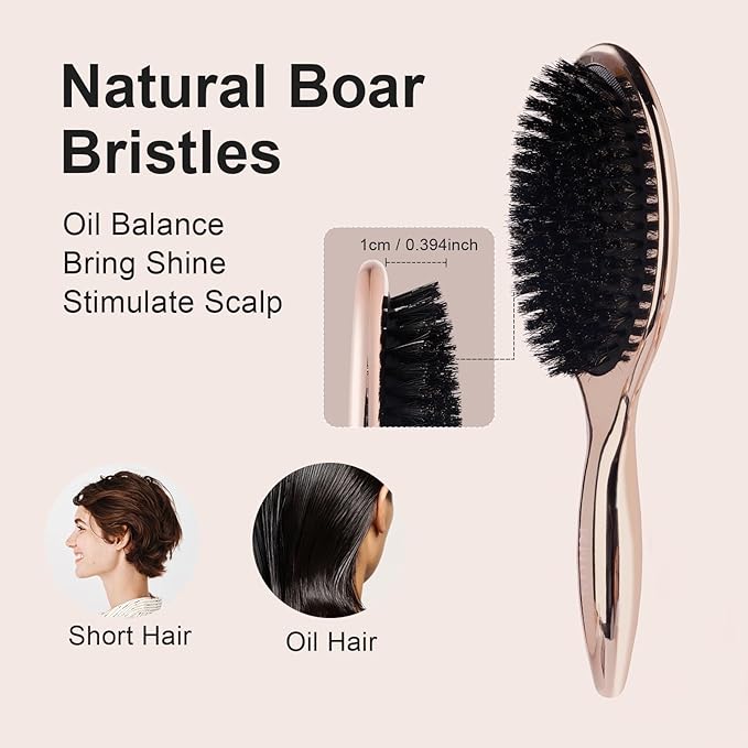 RHOS Boar Bristle Hair Brush, Soft Natural Bristle Brush for Short & Oily Hair, Smooth & Add Shine, Set Includes Rat Tail Comb, Storage Bag (0.394inch Bristle)