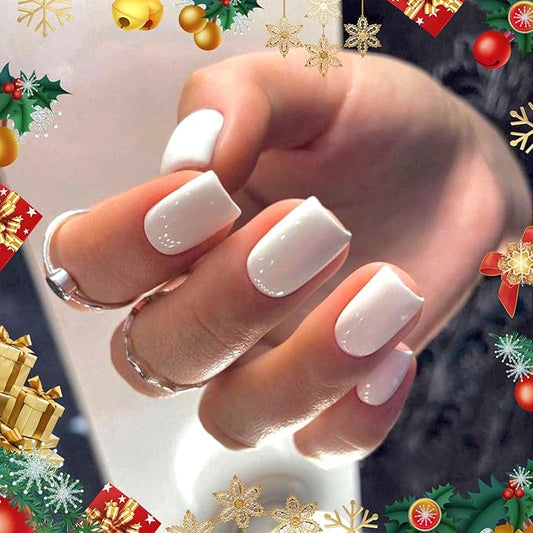 Modelones Pure White Press on Nails for Women, Short Square Fake Nails, Reusable Nail Kit with Nail Glue Adhesive Tabs Mini Nail File, Christmas Nails Press Ons 32Pcs16 Sizes, Women Girl Gift