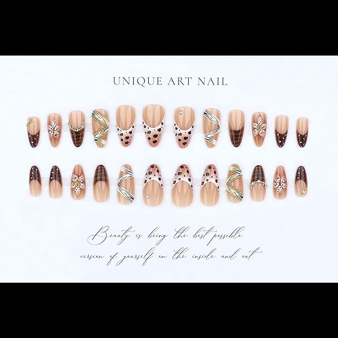 Long Almond Press on Nails Glossy Fake Nails Nude Leopard Print with Floral Gold Chain False Nail Stick on Nail for Women 24pcs