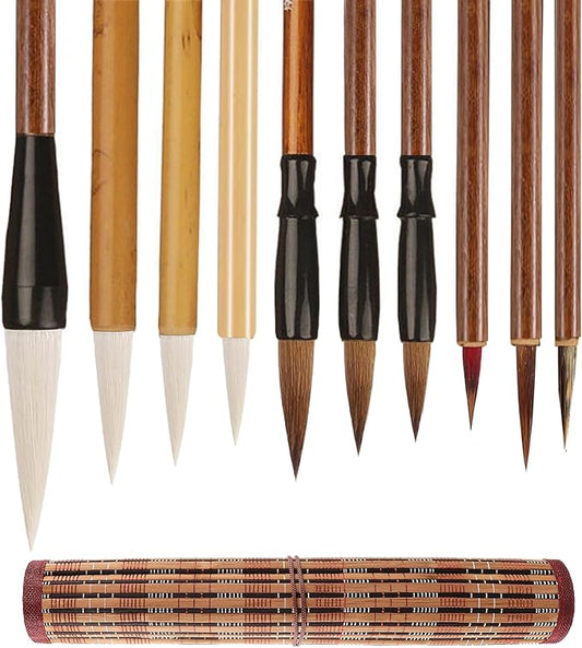 10-Piece Chinese Calligraphy Brush Set - Premium Writing Brushes for Beginners & Artists - with Roll-up Bamboo Brush Holder,Chinese Painting Brushes Set Flower Bird Line-Drawing Brushes