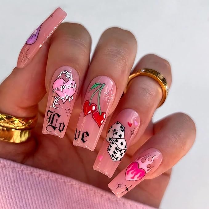 BABALAL Press on Nails Long Coffin Fake Nails Pink Heart Glue on Nails Valentine Day Dice Arcylic Nails 24Pcs Manicure False Nails Ballerina Stick on Nails Glossy Artificial Nails