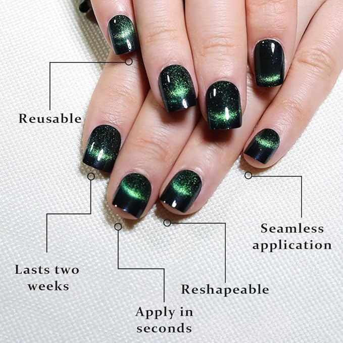 Dark Green Cat Eye Extra Short Press on Nails Square, Petite Short Square Glue on Nails for Women Gift, Smile Light Green Metallic Glitter Glossy Reusable Gel Press on Acrylic Fake Nail with Designs