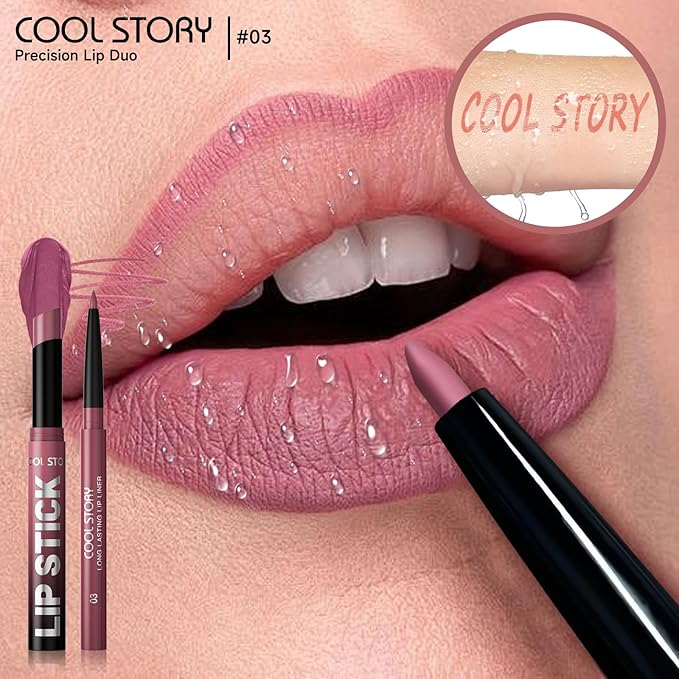 COOL STORY 2 Piece Lip Liner and Lipstick Set, Long Lasting Formula, Professional Makeup Kit (03)