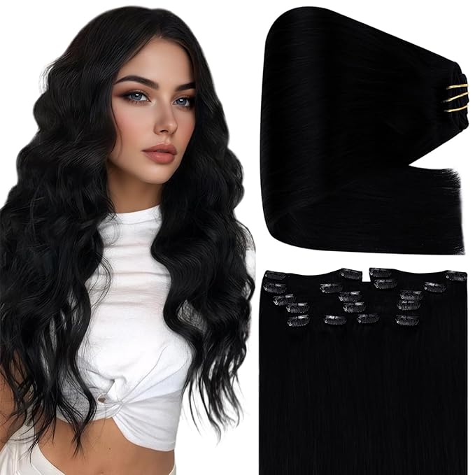 Full Shine Clip ins Real Human Hair Black Women 18 Inch Jet Black Clip in Extensions Real Human Hair 7 Pcs 135 G