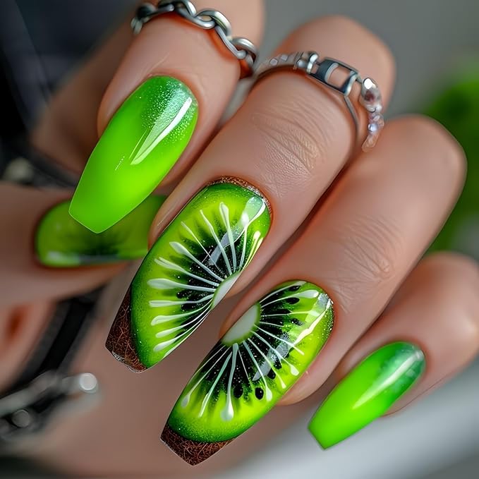 Coffin Press on Nails Long Fake Nails Green False Nails with Designs Artificial Nails Glossy Stick on Nails for Women 24pcs