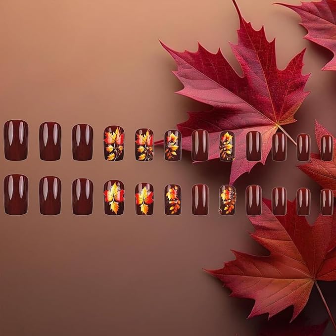3D Maple Leaf Press on Nails 24Pcs Fall Leaves Stick on Fingernails Thanksgiving Medium Square False Nails Glossy Brown Acrylic Fake Nail Autumn Rhinestones Gel Glue on Nail for Coquette Women Girls