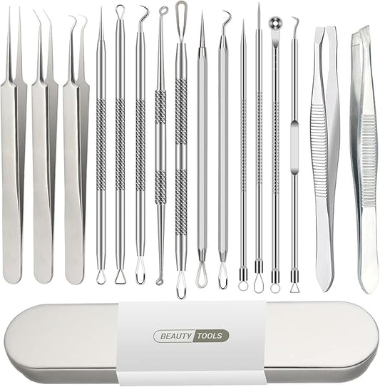 16 Pcs Pimple Popper Kit - Blackhead Remover & Acne Extractor Tool - Professional Stainless Steel Tweezers for Eyebrows, Pimples & Blemishes - Tools for Beauty Salons