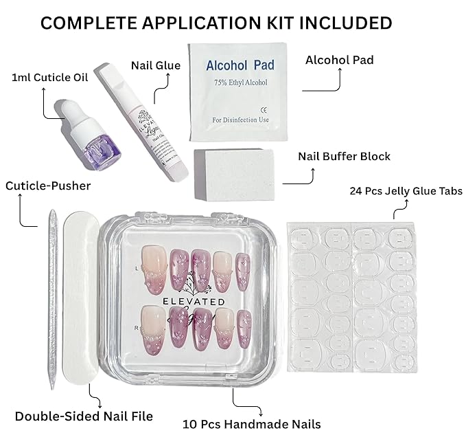 Large-Lavender Pearl Blossom French Tip Press-On 10 Nails Manicure Kit for Women | Custom Handcrafted Nail Glue, Dual Nail File, Cuticle Stick & Buffer Block | Measure Before Ordering