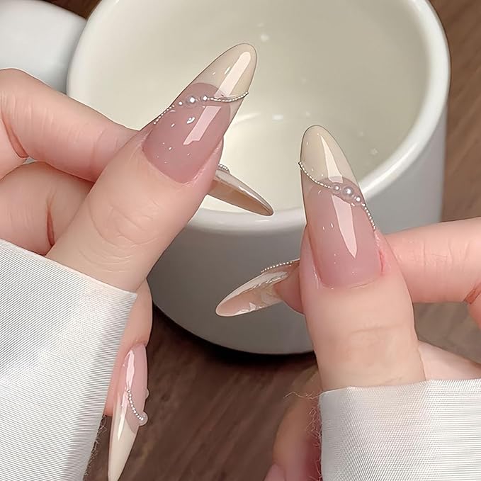 IMRAIN Press on Nails Long Stiletto Fake Nails Pearl French Tips False Nails Glossy Full Cover Glue on Artificial Nails for Women Girls 24Pcs