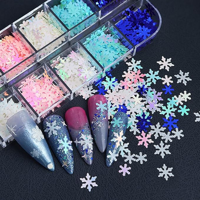 12 Grids 3D Snowflake Nail Art Stickers - Holographic Laser Decals for Christmas Nails - Xmas White Sequins for Nail Decoration - Winter Snow Flakes