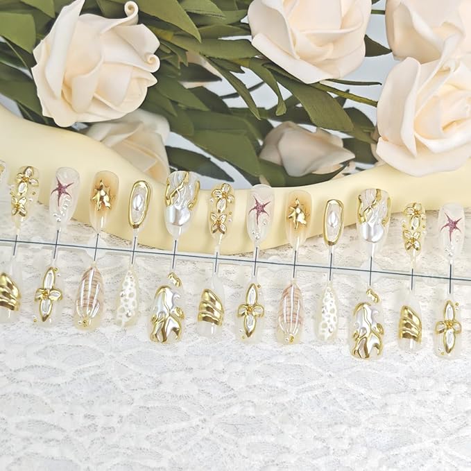 30Pcs Summer Beach Press on Nails Medium Almond Flower Fake Nails 3D Jellyfish Starfish Sun Rhinestones Designs Full Cover Glitter Stick on Nails Gold False Nails for Women Girls Acrylic Nail Salon