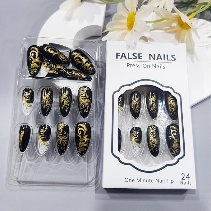 Gold Leaves Press on Nails White French Gel Glue on Fingernails Curve Line Medium Almond False Nail 24Pcs Glossy Silver Glitter Stick on Nail Acrylic Full Cover Fake Nails for Holiday Manicure Art