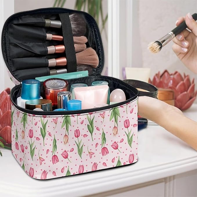 Pink Tulip Floral Heart Print Travel Makeup Bags for Women Portable Tote Cosmetic Case with Carry Handle Toiletry Accessories Storage Organizer Bags for Valentine's Day Mother's Day