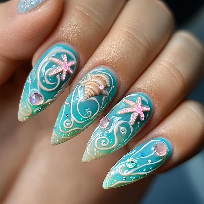 IMRAIN Blue Press on Nails Medium Almond Fake Nails with Cute Conch & Starfish Design Glossy Acrylic False Nails Full Cover Artificial Glue on Nails Summer Stick on Nails for Women Girls