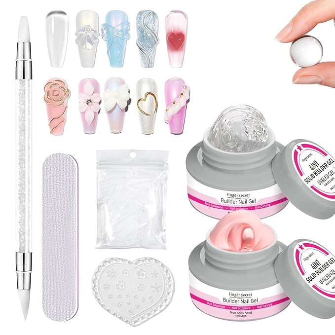 Builder Gel Hard Gel Non-stick Hand 3D Nail Kit Clear & Nude Pink 4Oz, Nail Extension Replace Poly Gels, Multi-functional Long-lasting Carving Nails Art Sculpting120g