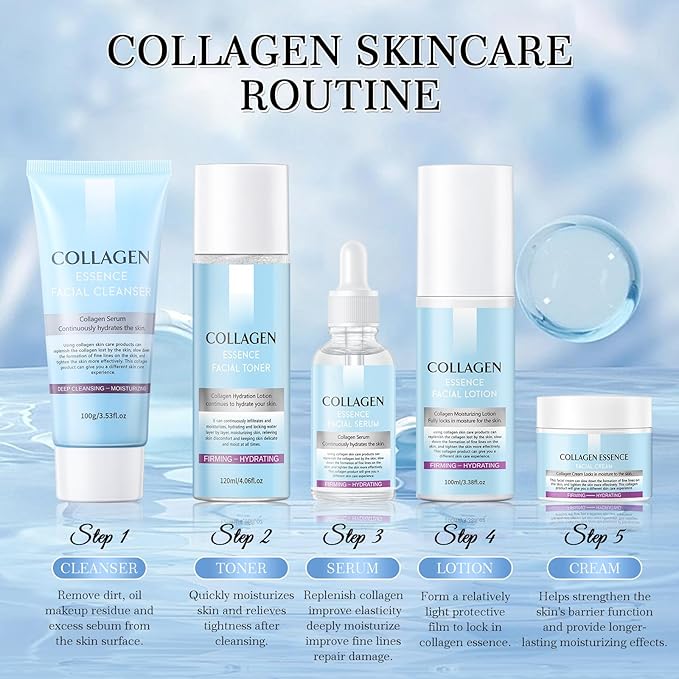 Collagen Skin Care Sets, 5 Pcs Facial Set for Skin Care for Women with Cleanser, Serum, Toner, Lotion & Cream, for Firming Skin, Reduce Wrinkles AOPEIBOTO