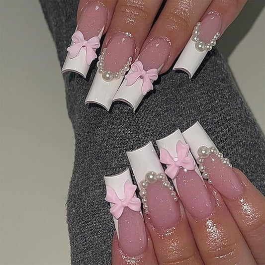 French Tip Press on Nails Long Square Fake Nails Bow Acrylic Nails Cute False Nails with Designs Pearl Glue on Nails White Nail Tip Nude Stick on Nails for Women Girls 24Pcs
