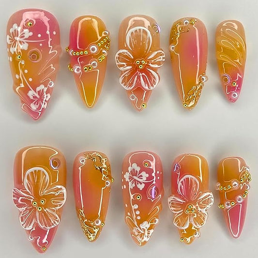 24Pcs Spring Summer Press on Nails Medium Almond Fake Nails Hibiscus Flower with 3D Rhinestones Glitter Designs Full Cover Artificial Glue on Nail Flowers False Nails for Women Girls Acrylic Nails
