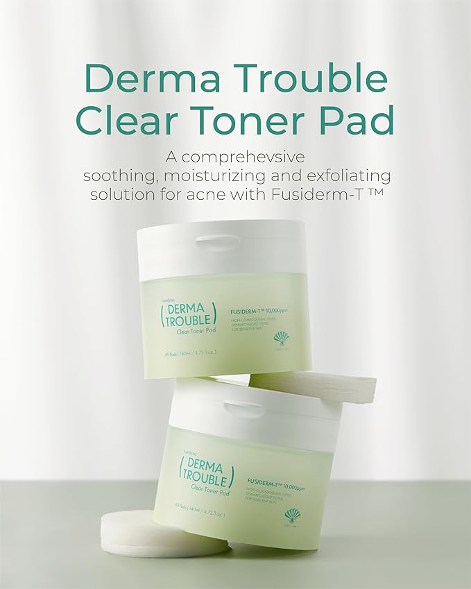 Derma Trouble Clear Toner Pad (60 Count) Gentle Exfoliation for Smooth, Clear Skin. Comedonal Acne. Korean Skin Care with Fusiderm-T 10,000ppm, LHA, PHA.