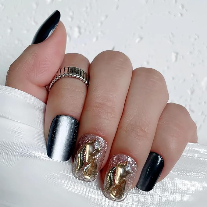 Black Cat Eye Short Squoval Press-On Nails – 28pcs with Champagne Rhinestone Accents, Soft Fit Back, Durable Front Edge, Reusable Full Cover Fake Nails for Daily, Party, Wedding