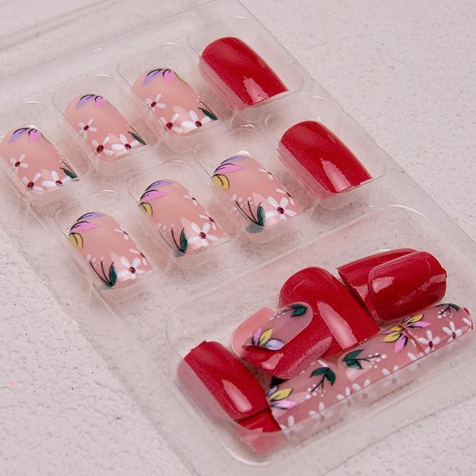 Flowers Press on Nails Short Square Fake Nails Red Spring Acrylic Nails Floral False Nails Glossy Glue on Nails Stick on Nails Cute Artificial Nails for Women Girls Manicure 24Pcs