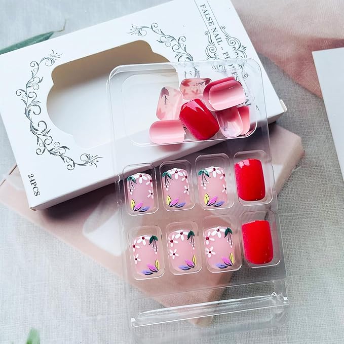 24 Pcs Short Square Press on Nails Spring Fake Nails NEWSPIED Red Glossy Glue on Nails with Small Flower Leaf Full Cover Artificial Stick on Nails Cute Acrylic False Nails for Women Girls Manicure