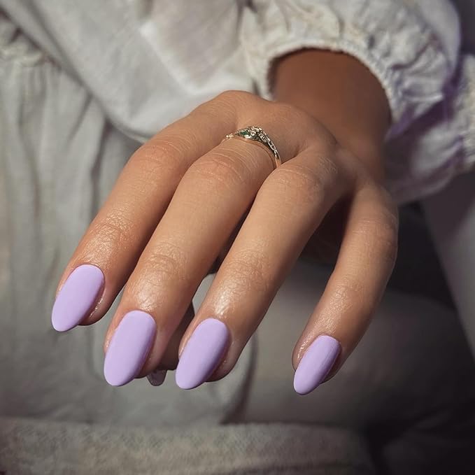 Matte Lilac Press on Nails Short Almond Fake Nails Press ons, Thick Solid Color Glue on Nails Short False Nails, Medium Almond Nails Oval Round Shaped Nails for Women, Natural Acrylic Gel Nails