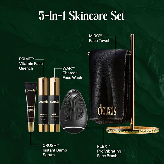 douxds The King Set, FLEX™ Pro Vibrating Face Brush, WAR™ Charcoal Facial Wash, PRIME™ Vitamin Face Quench, CRUSH™ Instant Bump Serum, MIRO™ Towel, 5-In-1 Skincare Set, Acne Treatment