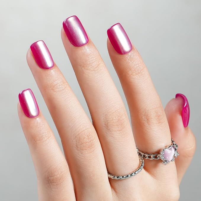 Jofay Fashion Press On Nails - Christmas Short Square Chrome Red for Gifts, Stick On Nails with Glue, Glossy Reusable Tips in 16 Sizes - 32 Soft Gel Fake Nails Kit