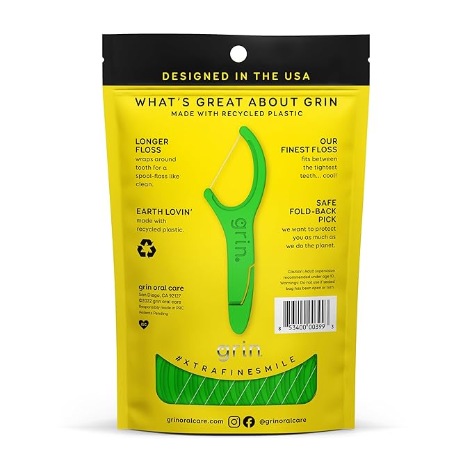 GRIN XtraFine Flosspyx, Floss Picks, 75 Count, Dental Flossers, Minty Flavor, Recycled Plastic, for Super Tight Teeth, Longer Floss Head, Slide Between Teeth, Includes Safe Soft Fold-Back Tooth Pick