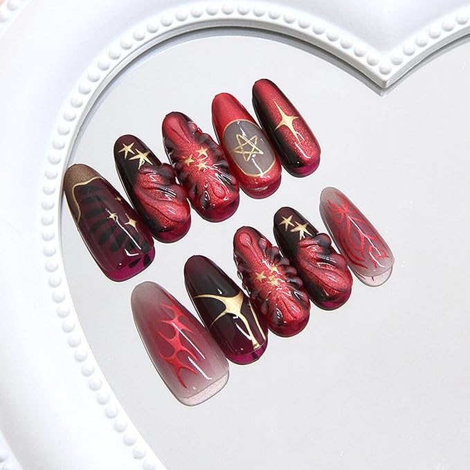 24Pcs Deep Red Press on Nails Medium Almond Fake Nails French Tip Nail Art False Nails Design Y2K Gold Star Bow Pattern Full Cover Stick on Nails Reusable Artificial Nail for Women Acrylic Nails Decor