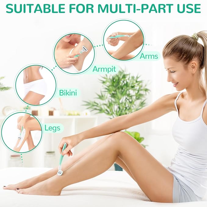 DreamGenius Razors for Women Include 1 Non-Slip Handles and 7 Blade Refills with a Shower Holder, 5 Premium Blades Women's Razors for Shaving with 360° Lubrication Reduces Irritation, Green