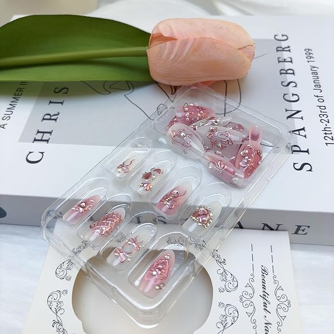 Pink Press on Nails Medium Almond Fake Nails with 3D Heart Pearl Rhinestones Designs White Gradient Bow Silver Star Stick on Nails Flower Charms Full Cover Glue on Nails for Women Girls 24Pcs
