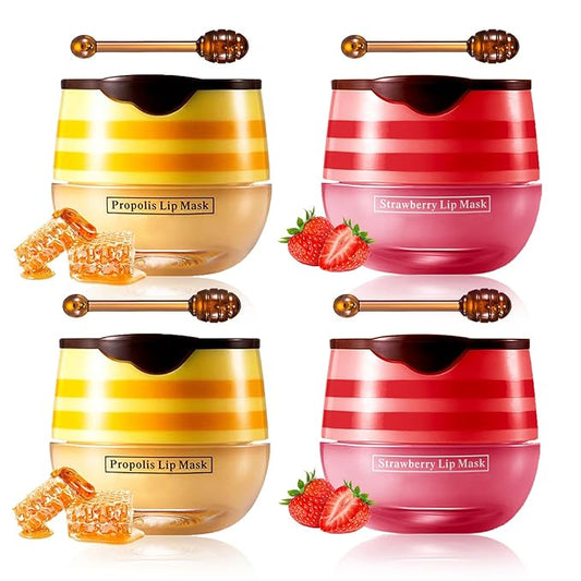 CAHIUYOA 4PCS Bee Lip Balm Honey Pot Honey & Strawberry Lip Balm Lip Mask Moisturizing Hydrating Honey Pot Lip Balm with Stick Prevention Dry & Cracked Lip Scrubs Exfoliator