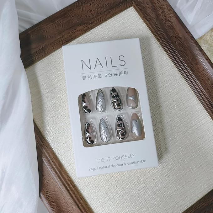 24Pcs Almond Press on Nails Medium Fake Nails 3D Gilding Silver Metal Nail Designs Silver Irregular Lines Flower Acrylic Nails Gradient Black Stick on Nails for Women DIY Manicure Accessories