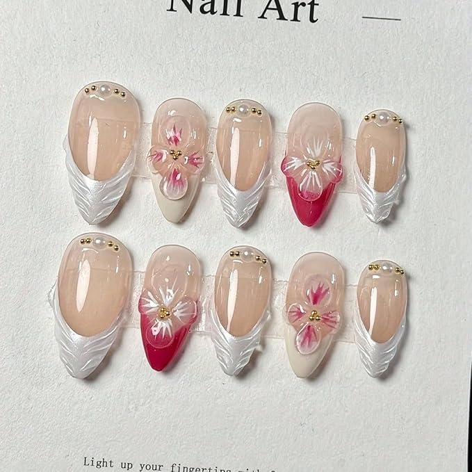 10Pcs Pink French Tip Almond Shaped 3D Floral Pearl Rhinestone Full Cover Tip Glue On Nails