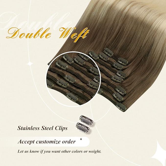 Full Shine Ombre Clip in Hair Extensions Blonde Real Human Hair Clip in Extensions Color 8 Ash Brown to Platinum Blonde Straight Invisible Hair Extensions 120 Grams 16 Inch