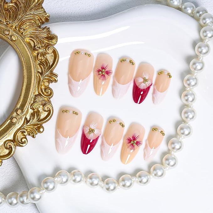 3D Flower Press on Nails Almond Medium Fake Nails M Size Pink White French Tip Glue on Nails with Gold Gems Designs Full Cover False Nails Summer Acrylic Stick on Nails for Women Girls Manicure 10Psc