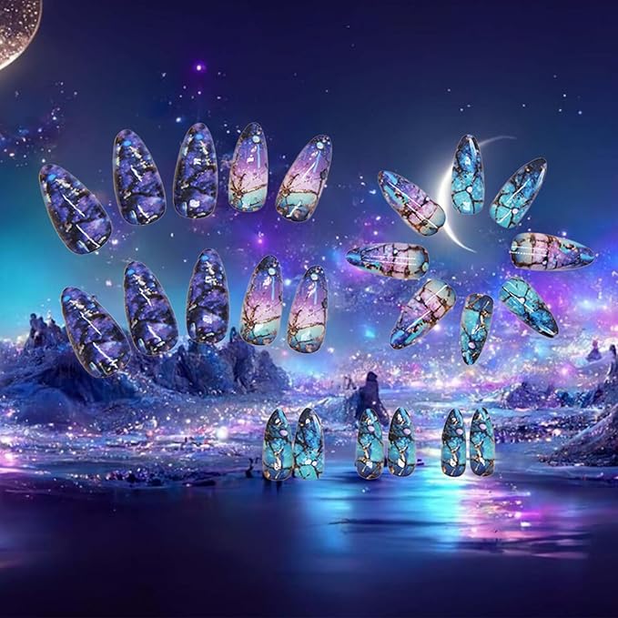 24Pcs Milky Way Press ons Fingernails Starry Sky Press on Nails Glossy Blue Gradient Medium Almond False Nail Curve Gel Glue on Acrylic Fake Nails Purple Ombre Stick on Nail for Holiday Manicure Art