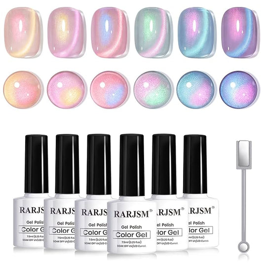 RARJSM Aurora Pearl Cat Eye Gel Nail Polish Set 6pcs Ceramic Silver Shimmer Universal Pink Green Blue Purple Orange Glitter Mermaid Swirl Shell Thread Effect with Magnet Stick Curing Requires