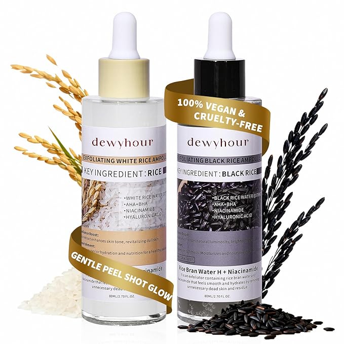 dewyhour Exfoliating Black & White Rice Ampoule Duo Set - Gently Removes Dead Skin Cells, Refines Pores, Soft Face & Body Scrub for All Skin Types, 2-Pack