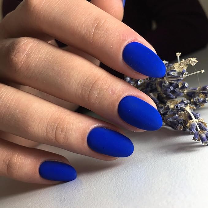 Matte Royal Blue Press on Nails Short Almond Fake Nails Press ons, Thick Solid Color Glue on Nails Short False, Medium Almond Oval Round Shaped for Women, 24Pcs Natural Acrylic Gel Nail